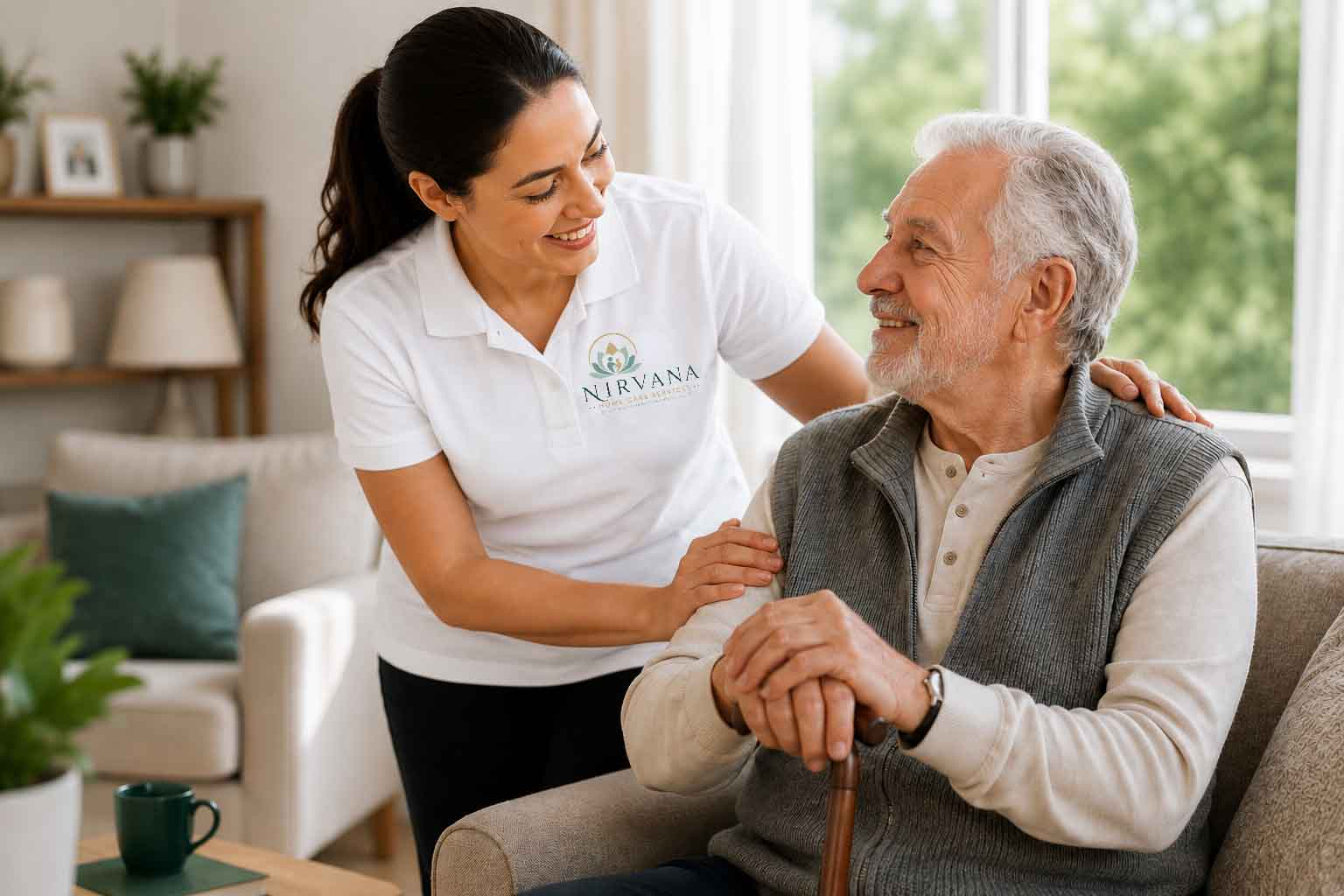 Friendly Nirvana Home Care worker speaking with a participant